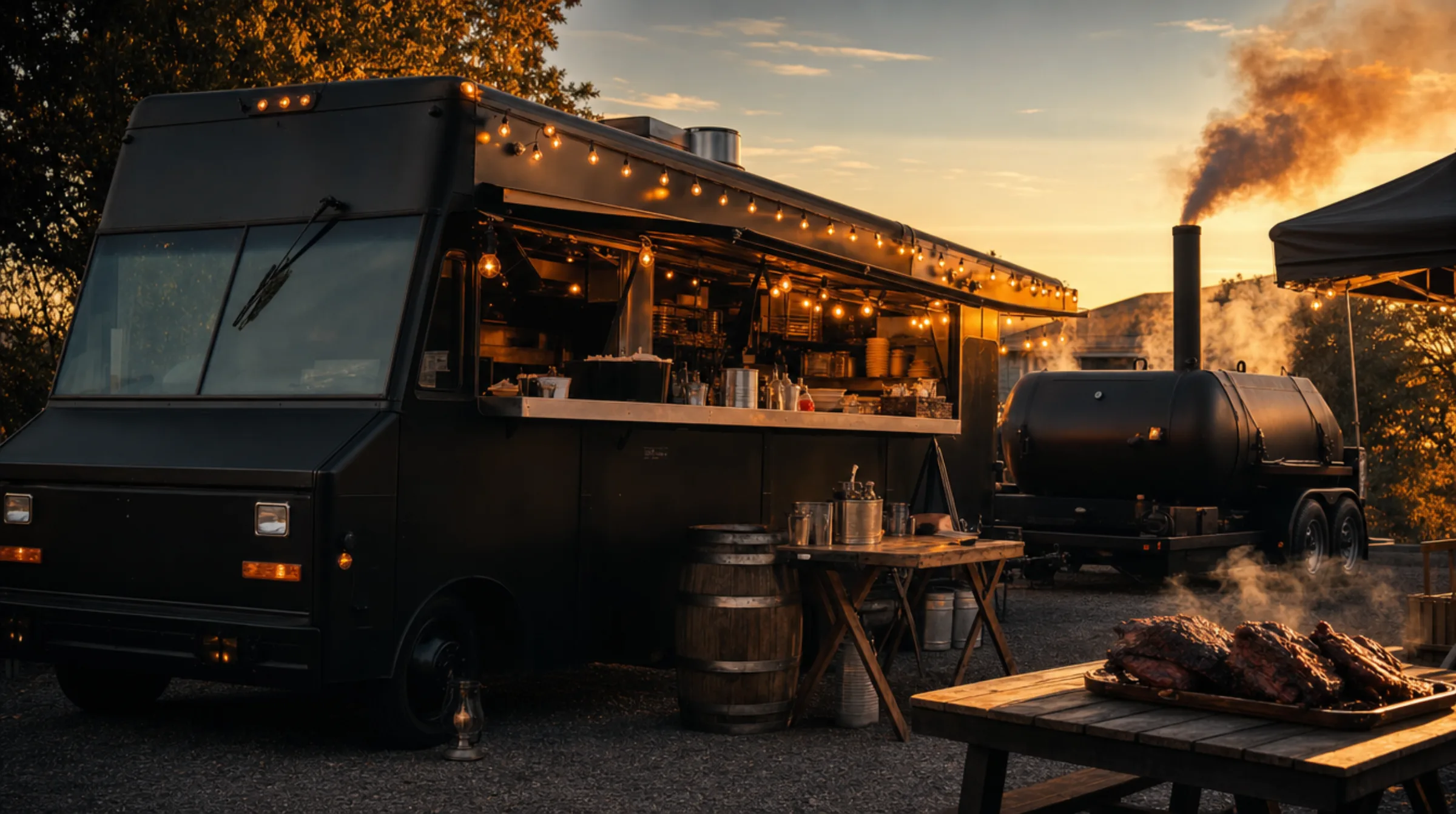 Rolling Ember BBQ truck at golden hour with oak smoke drifting from the offset smoker